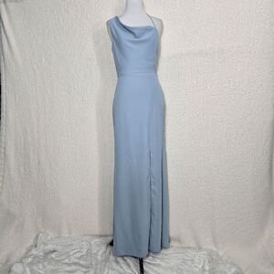 After Six 6849 Mist Light Blue Crepe One-Shoulder Draped Cowl-Neck Maxi Dress 0R